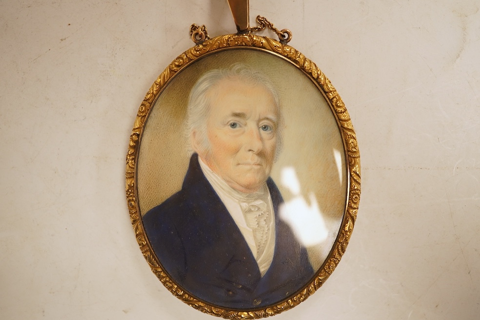 Thomas Richmond (1771-1837), portrait miniature on ivory, Portrait of Francis Robinson, with hair work and seed pearls verso, housed in a gilt metal case, 11cm high. CITES Submission reference EF4KBE7V
